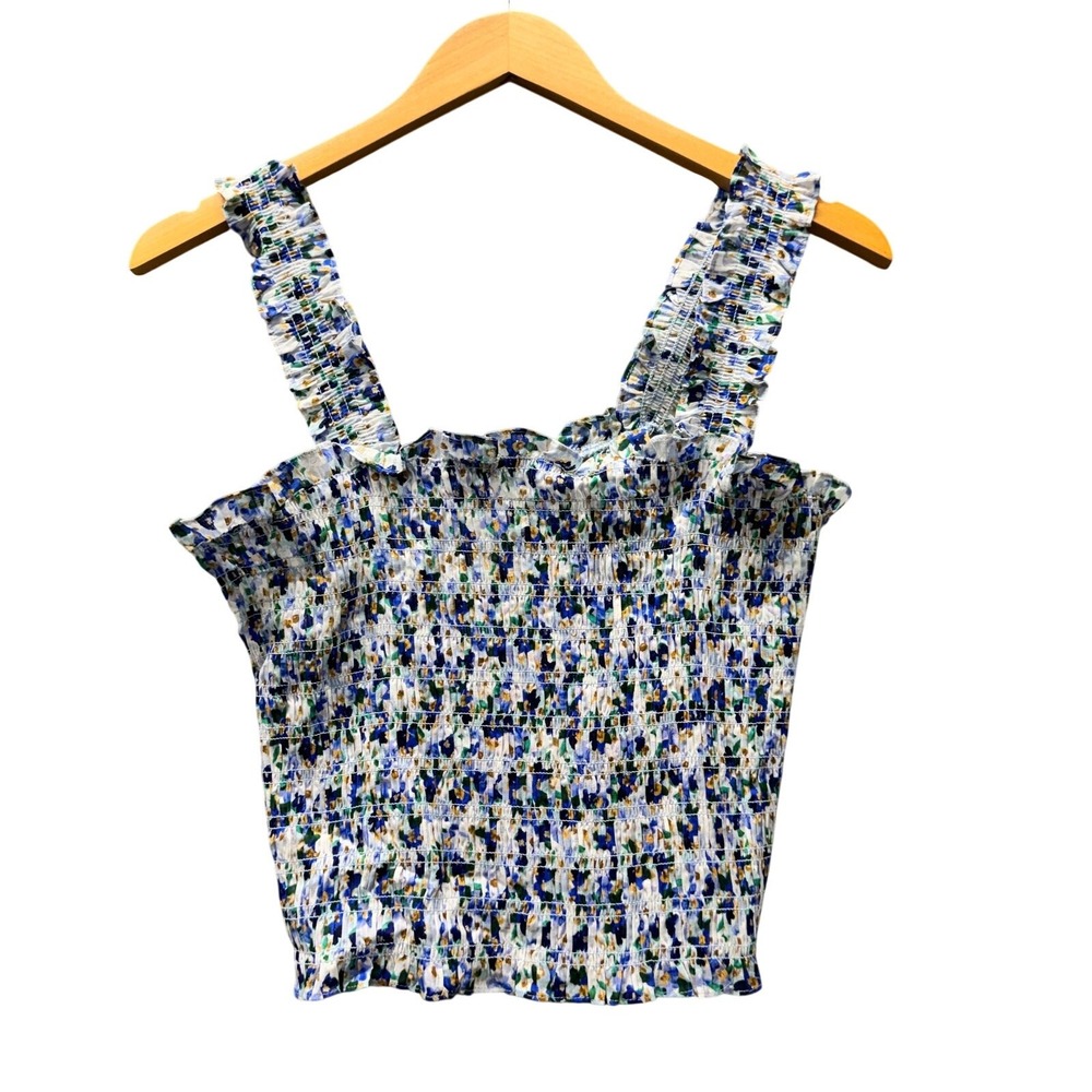 Veronica Beard Averie Tank Top Smocked Crop Pullover Blue Floral Boho Womens M